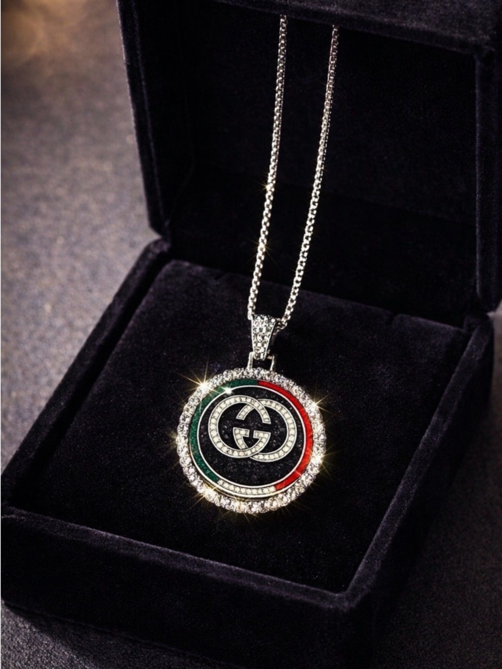 Gucci-Inspired Silver Pendant Necklace with Green & Red Accents